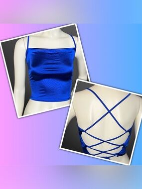 Classic Royal Blue Satin Cami Crop Top with Lace-Up Back